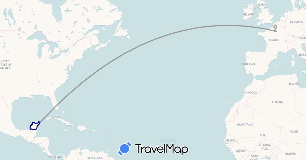TravelMap itinerary: driving, plane, boat in France, Mexico (Europe, North America)
